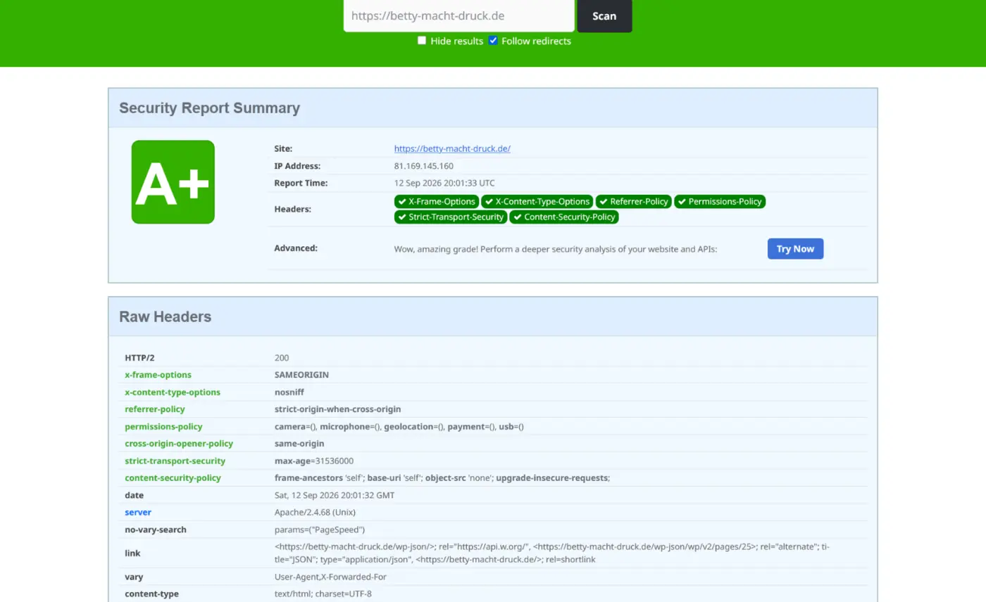 Security-Headers-Ergebnis der Website Betty macht Druck
