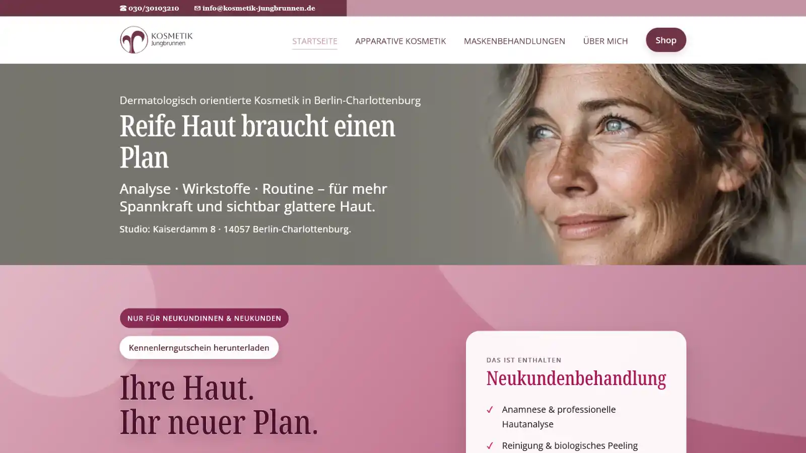 Startseiten-Screenshot der Website Kosmetik Jungbrunnen