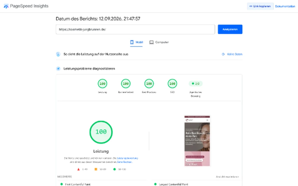 PageSpeed-Ergebnis der Website Kosmetik Jungbrunnen