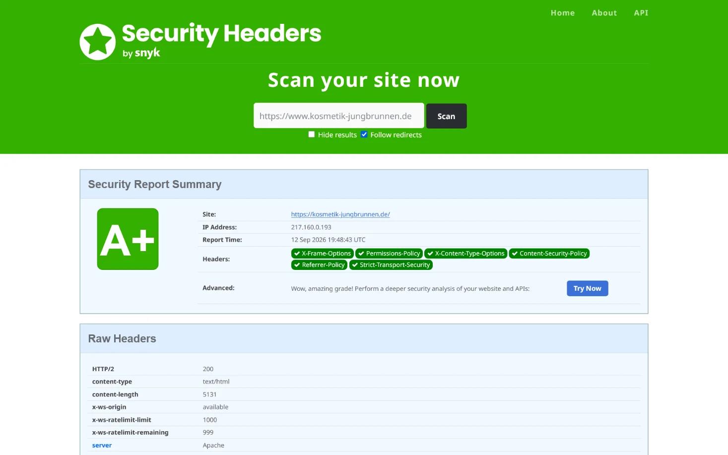 Security-Headers-Ergebnis der Website Kosmetik Jungbrunnen