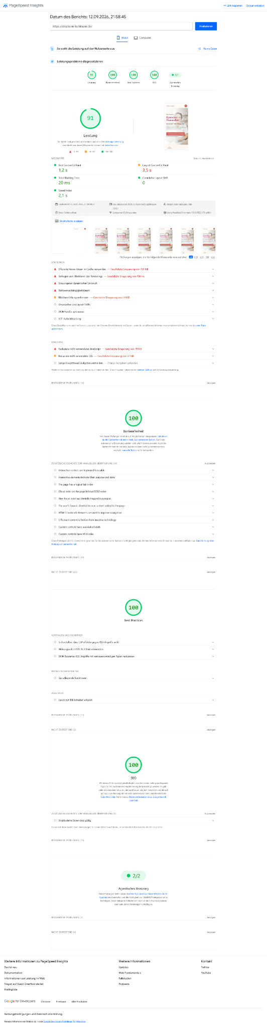 Vollständiger PageSpeed-Insights-Bericht der Website Stephanie Kuhlmann
