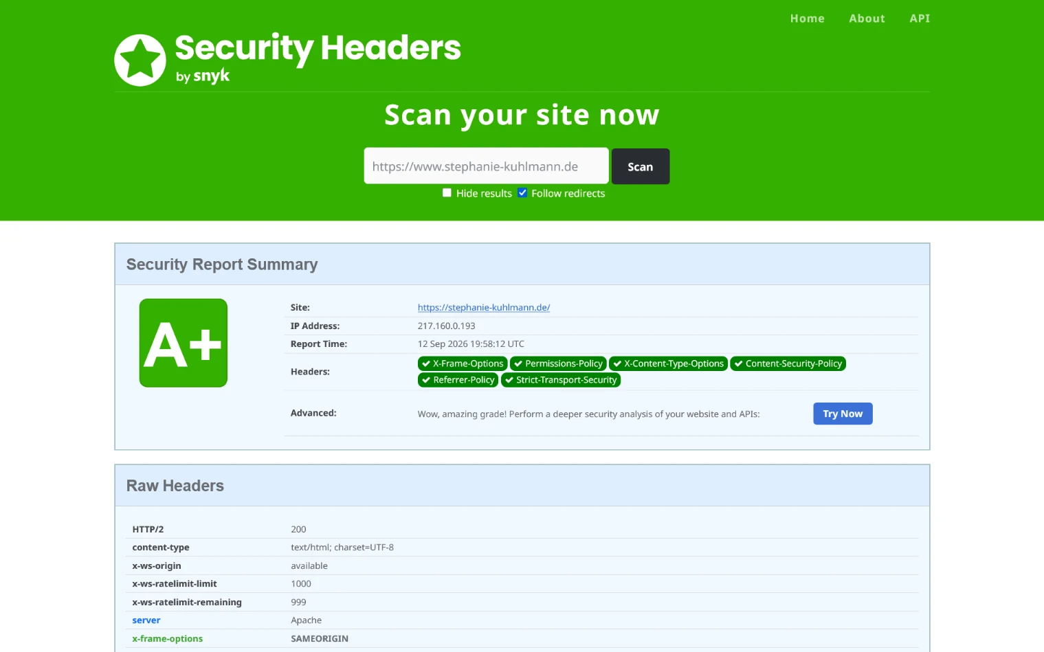 Security-Headers-Ergebnis der Website Stephanie Kuhlmann