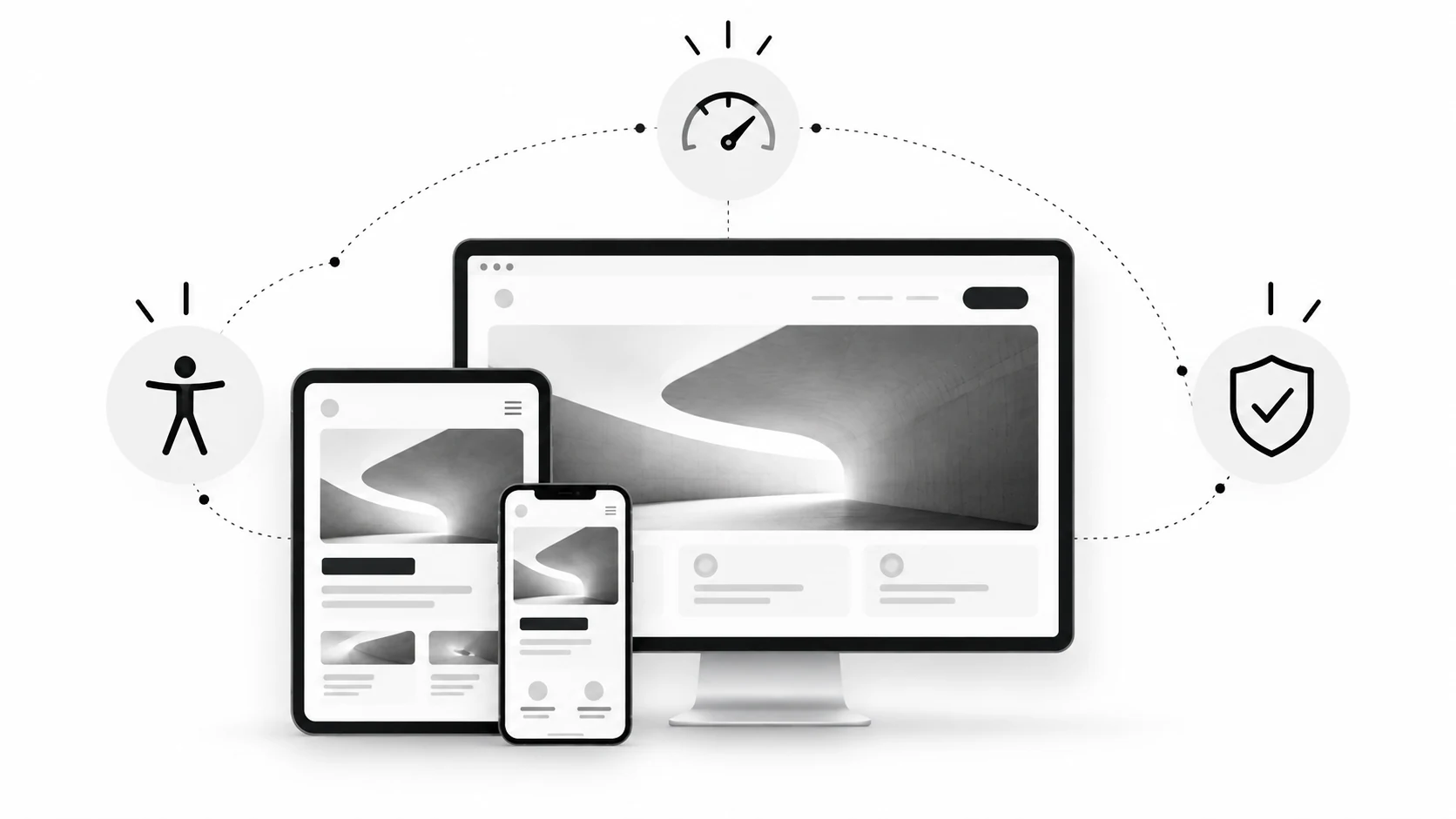 Grafik zu responsiver Darstellung, Performance, Barrierefreiheit und Sicherheit