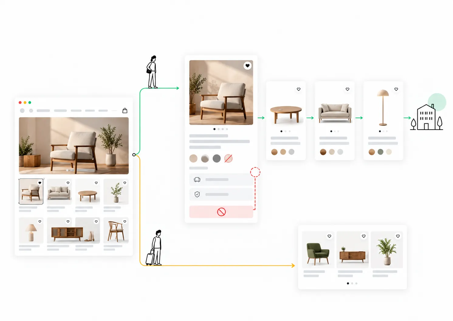 Schematisches E-Commerce-Beispiel mit nicht verfügbarer Ware und passenden Alternativen.