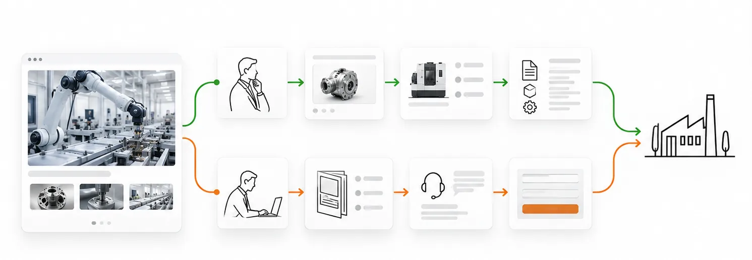 Schematische Darstellung digitaler B2B-Kontaktpunkte, die zu einer gemeinsamen Wahrnehmung und Anfrage führen.