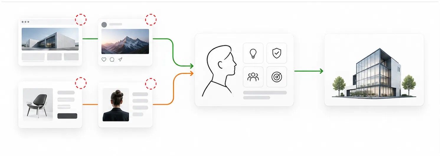 Schematische Darstellung mehrerer digitaler Kontaktpunkte, die zu einer gemeinsamen Wahrnehmung zusammenlaufen.